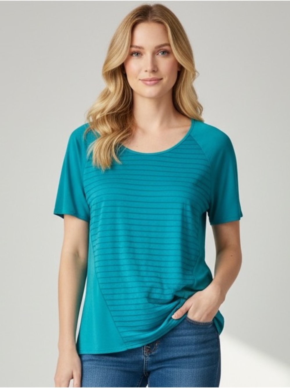 Calvin Klein Teal Striped Mesh Inset Mixed Media Blouse Small